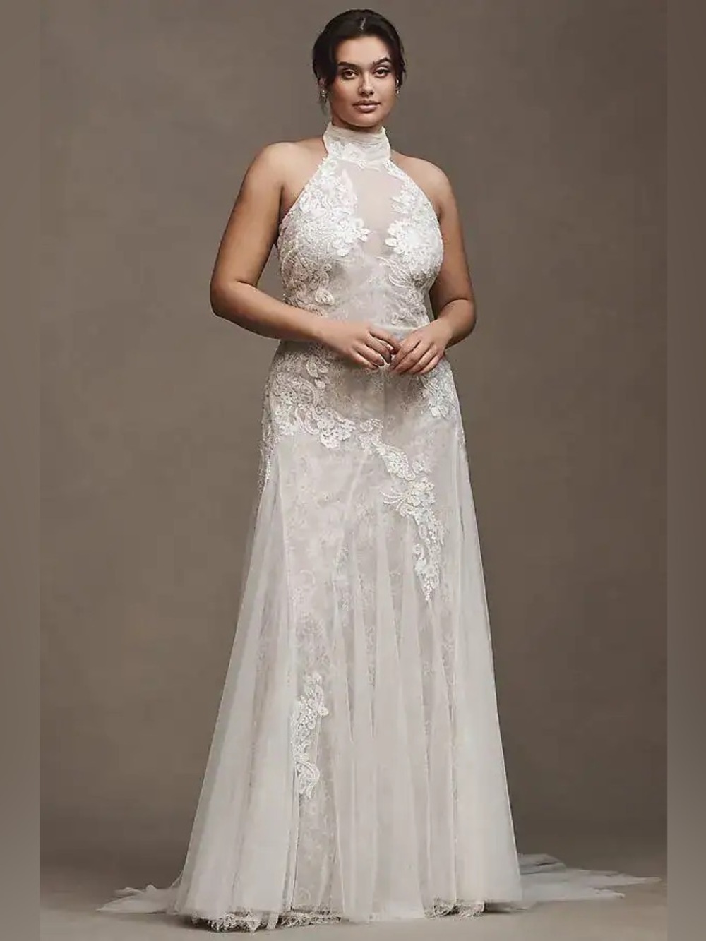 Watters Zoe Halter Fit & Flare Beaded Lace Wedding Gown Sz 15